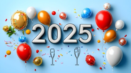 Poster - Sleek and modern 2025 design in bold geometric font accented with minimalist line art of balloons and champagne glasses