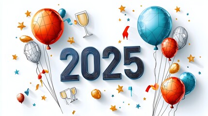 Poster - Sleek and modern minimalist graphic design featuring a futuristic  2025  text in a geometric font paired with simple line art elements like balloons stars and champagne glasses
