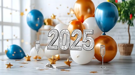 Aufkleber - Futuristic Geometric Font and Minimalist Line Art   Stylish Design Featuring Balloons Stars and Champagne Glasses for Events Parties and Holidays