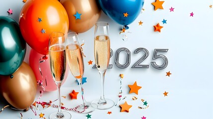 Aufkleber - Elegant and Minimalist Geometric Scene with 2025 in a Stylish Font Decorated with Champagne Glasses Stars Balloons and Streamers on a Clean Background Perfect for Advertising and Branding