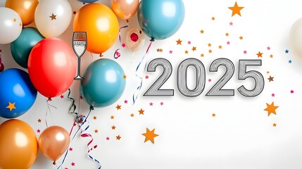 Aufkleber - Stylized minimalist design featuring a geometric font  2025  accented by line art of champagne glasses and stars with decorative balloons and streamers creating a premium