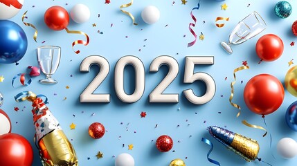 Poster - Bold 2025 Geometric Font Surrounded by Stylized Line Art of Festive Balloons Streamers and Champagne Glasses for Holidays