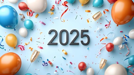 Poster - Bold and modern 2025 geometric font design with simple line art of festive party elements like balloons streamers and champagne glasses creating a visually striking background for advertisements
