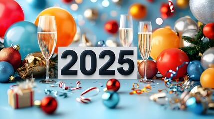 Aufkleber - Bold geometric 2025 design surrounded by simple line art of festive balloons streamers and champagne glasses creating a modern and celebratory backdrop for branding advertisements