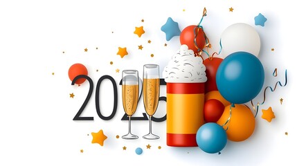 Poster - Captivating geometric design featuring the number 2025 accented with festive champagne glasses balloons streamers and stars offering a versatile backdrop for promotional content and