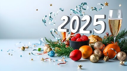 Poster - Futuristic geometric font design with abstract elements like streamers champagne glasses and stars providing a stylish and modern backdrop perfect for advertising event promotion or new year