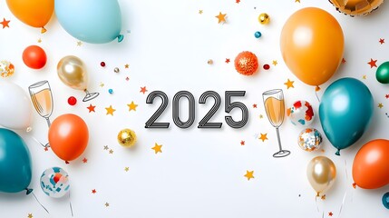 2025 written in a sleek modern geometric font surrounded by minimal line art of stars balloons and champagne glasses offering a premium contemporary design for marketing branding and