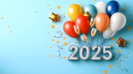 Poster - Minimalist and modern graphic design featuring the year 2025 with simple line art of balloons stars and champagne glasses creating a stylish and festive backdrop perfect for marketing event planning