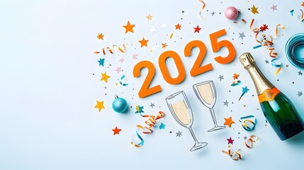 Poster - Celebratory 2025 Geometric Modern Design with Festive Streamers Champagne Glasses and Shining Stars Ideal for New Year s Eve Anniversaries and Other Celebratory Events