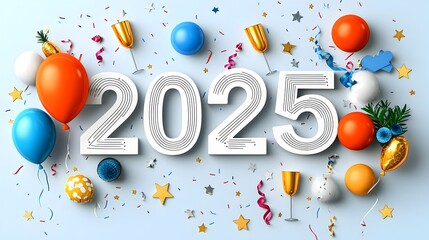 Poster - Bold and geometric 2025 design with minimalist line art of stars and streamers accented by champagne glasses and colorful balloons
