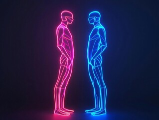 Stylized neon silhouettes of two human figures in contrasting colors, representing connection and duality in modern design.