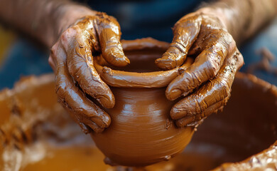 Hands skillfully shaping a clay pot on a spinning wheel during pottery making in a vibrant studio environment