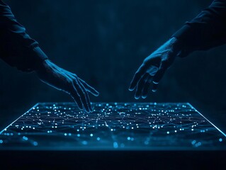 Futuristic interaction with a glowing digital interface, showcasing hands reaching towards a network of lights and connections.