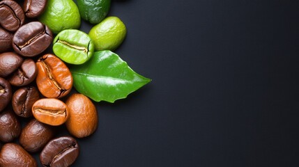 An array of coffee beans in various shades, alongside vibrant green leaves, set against a dark background, Perfect for food blogs, coffee shops, or marketing materials related to coffee,