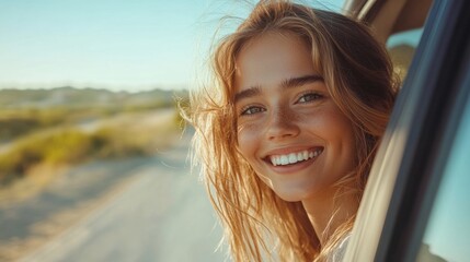 Cheerful young woman smiling from car window on sunny road, enjoying adventure, carefree road trip, golden hour lighting, outdoor travel, happiness, fun summer vacation