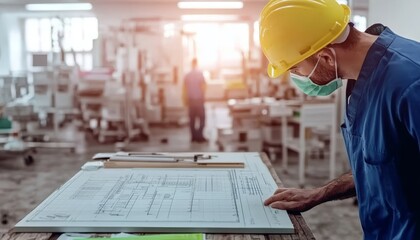 Skilled Engineer in Protective Gear Reviews Blueprints with Focused Attention at Construction Site.