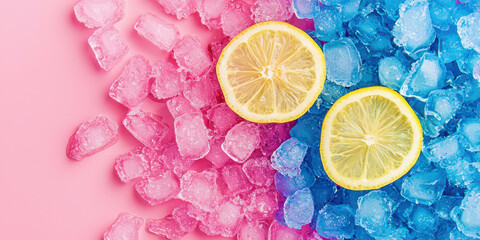 Wall Mural - A close up of two lemons and a pile of ice cubes