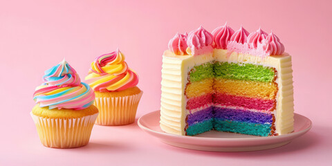 A plate of rainbow cake with a slice missing and two cupcakes on the table