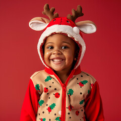 Portrait Christmas kids. Photo of a boy and a girl in New Year costumes. Christmas presents.