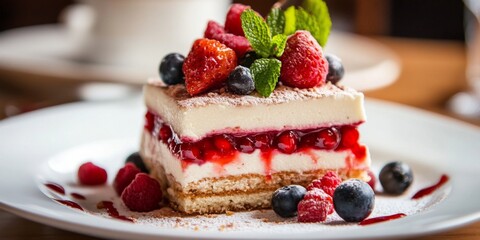 Wall Mural - Delicious layered dessert with fresh berries on top. The cake is plated beautifully with a drizzle of berry sauce. A perfect treat for special occasions or celebrations. AI