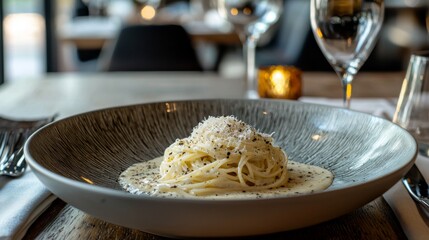 Wall Mural - Cacio e pepe pasta with black pepper and cheese, creamy and simple, in a contemporary dining setting