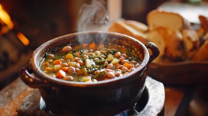 Wall Mural - Authentic Tuscan ribollita soup with vegetables, beans, and Tuscan bread in a rustic, farmhouse kitchen