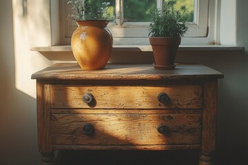 Wall Mural - Rustic Wooden Chest of Drawers with Flower and Plant Decorations