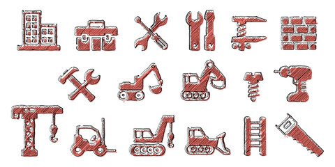 Building and construction icon set in hand-drawn ink and marker doodle style