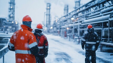 Workers in winter gear overseeing crude oil transfer operation in a snow-covered industrial