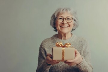cheerful elderly woman holding a present with golden ribbon and smiling, celebrating birthday or chr