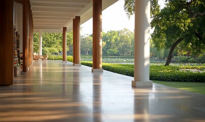 Poster - A covered patio with a view of a lush green garden.