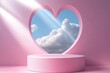 © MUdaylah - Realistic pink and white 3D cylinder pedestal podium with blue cloud sky in heart window. Valentine minimal scene for products showcase, Promotion display. with generative ai