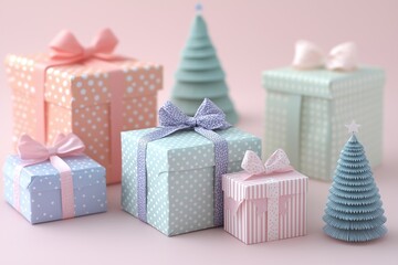 Festive christmas new year background colorful gift boxes and holiday decorations on pink background. New Year's present and Christmas present