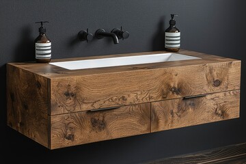 Wall Mural - Wooden Bathroom Vanity with Black Faucet and Soap Dispensers