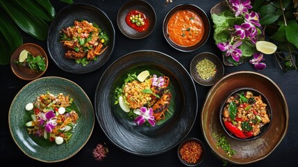 Poster - A tempting array of vibrant Isan food, plated with care, soft lighting