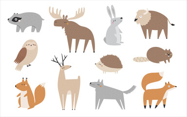 adorable set of vector animals. cute woodland wildlife illustration for design and art. bear, moose,