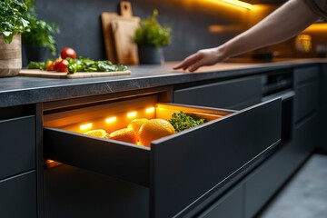 Wall Mural - Open Kitchen Drawer with Lemons and Greens Illuminated by LED Lights