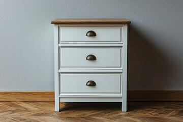 Wall Mural - White Wooden Nightstand with Three Drawers and Wooden Top