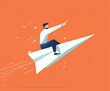 © EnricaDjango - Businessman riding on a paper airplane, pointing in the right direction, in a simple flat vector illustration