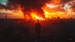 © EnricaDjango - Arabic man standing and watching the destroying refugee Camp, fire and black smoke, low angle , wide shot , sunset