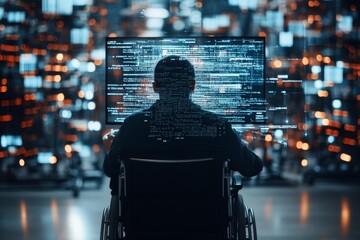 A person sits in a wheelchair, coding on a computer displaying various lines of code against a vibrant, blurred background filled with digital lights.