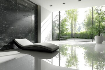 Modern Interior with Black Marble Wall, White Lounger, and Large Window with Bamboo View