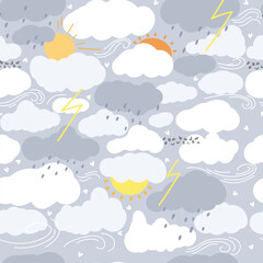 clouds, sun, dots and spots cute kids pattern with sky, seamless pattern. vector illustration for ki
