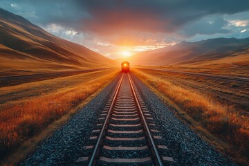 Wall Mural - Train Tracks Leading to a Sunset in a Mountainous Landscape