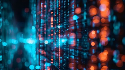 Binary code in digital abstract pattern with blue and orange lights