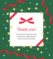 Illustration of a thank you card, invitation or gift with a winter Christmas concept. With a red ribbon and glowing light bulbs in the background.