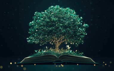 Wall Mural - a magical glowing tree emerges from an open book, symbolizing the connection between knowledge and n