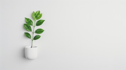 A single green plant in a white pot against a minimalist white background, symbolizing nature and simplicity.