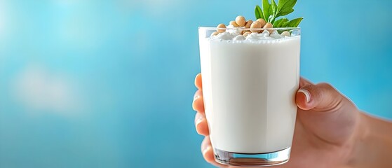 woman enjoying a refreshing sip of soy milk focusing on the nutritional benefits for her health and 