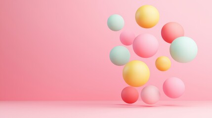 Wall Mural - colorful spheres floating against a soft pink background, creating a playful and modern look perfect